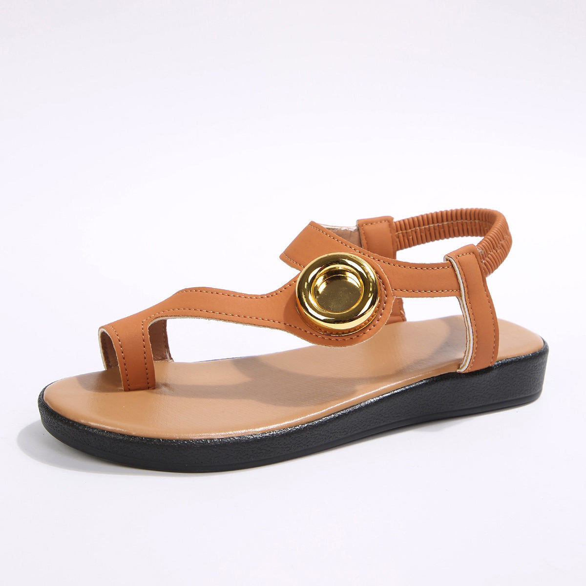 Toe Covering Metal Buckle Flat Sandals Women Elastic Band Casual Open Toe Beach Slippers  DestGlow