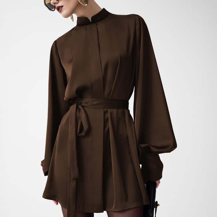 Women Clothing Autumn Stand up Collar Long Sleeved Lace up A line Short Dress by Ragazza