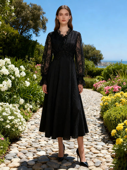 Lace Long Sleeve Elegant Dress Autumn High Sense V neck Waist Controlled Slimming Dress Women by Ragazza