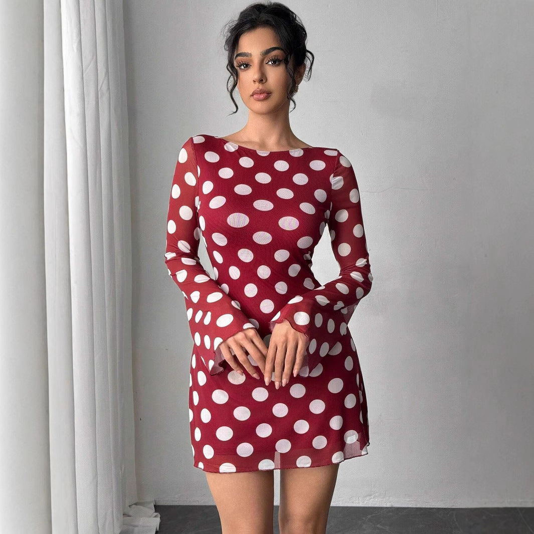 Spring Summer Lady Sexy Polka Dot Backless Mesh Flare Sleeve Mini Dress by Ragazza