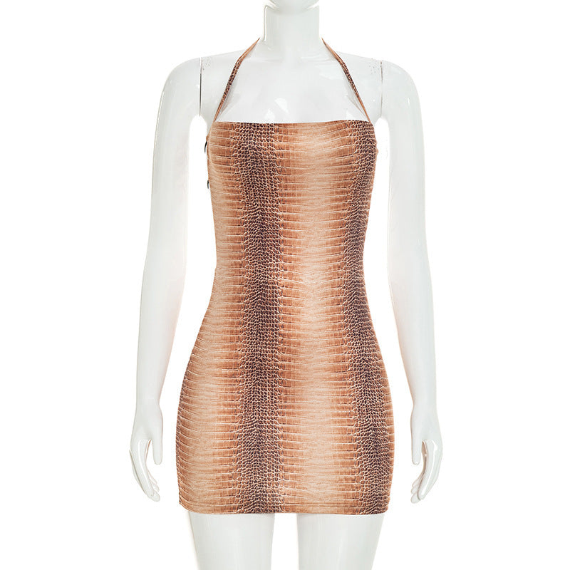 Women Clothing Autumn Sexy Animal Print Sleeveless Halter Strap Backless Ultra Short Dress  DestGlow