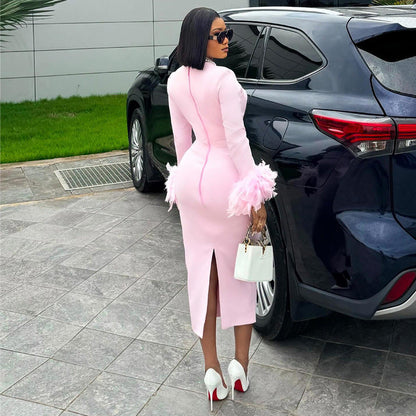 Women Clothing Autumn Sweet Fresh Square Collar Long Sleeve Feather Decoration High Waist Slimming Dress by Ragazza