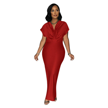 Women Wear V neck Short Sleeve Elegant Slim Back Slit Dress by Ragazza