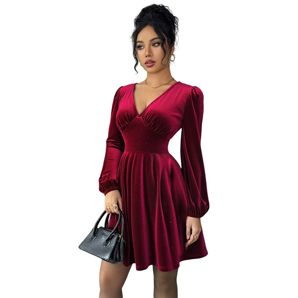 Retro Socialite Christmas Wine Red Velvet V neck Lantern Sleeve Slim Slimming A line Pleated Short Dress by Ragazza