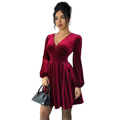 Retro Socialite Christmas Wine Red Velvet V neck Lantern Sleeve Slim Slimming A line Pleated Short Dress by Ragazza