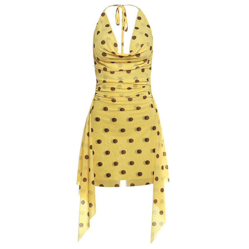 Summer Women Clothing Sexy Halter Swing Collar Sleeveless Slim Dot Mesh Dress for Women  DestGlow