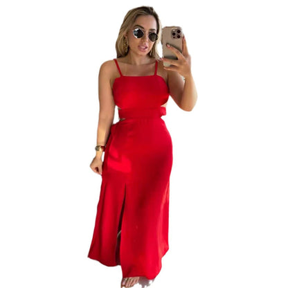 Women Solid Color Sleeveless Split Hip Strap Backless Dress by Ragazza