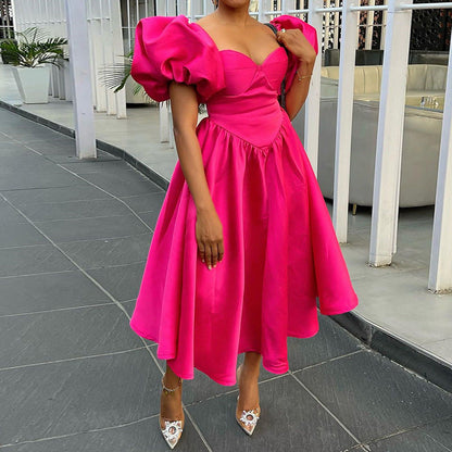Women Clothing Spring Square Collar Puff Sleeve Solid Color Waist Tight Mid Length Dress by Ragazza