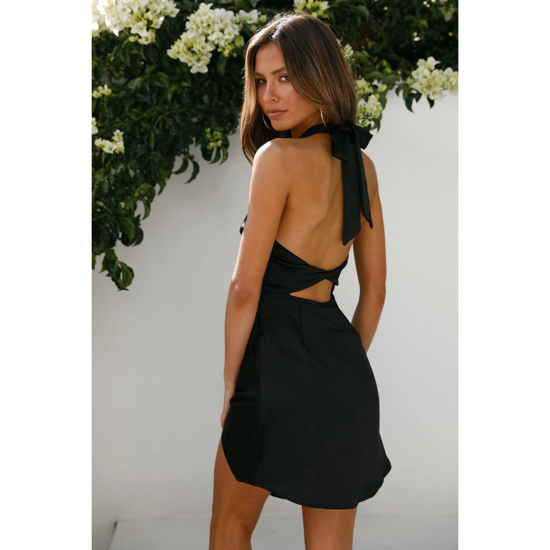 Women Clothing Solid Satin Halter Backless Slit Mini Dress Gown by Ragazza