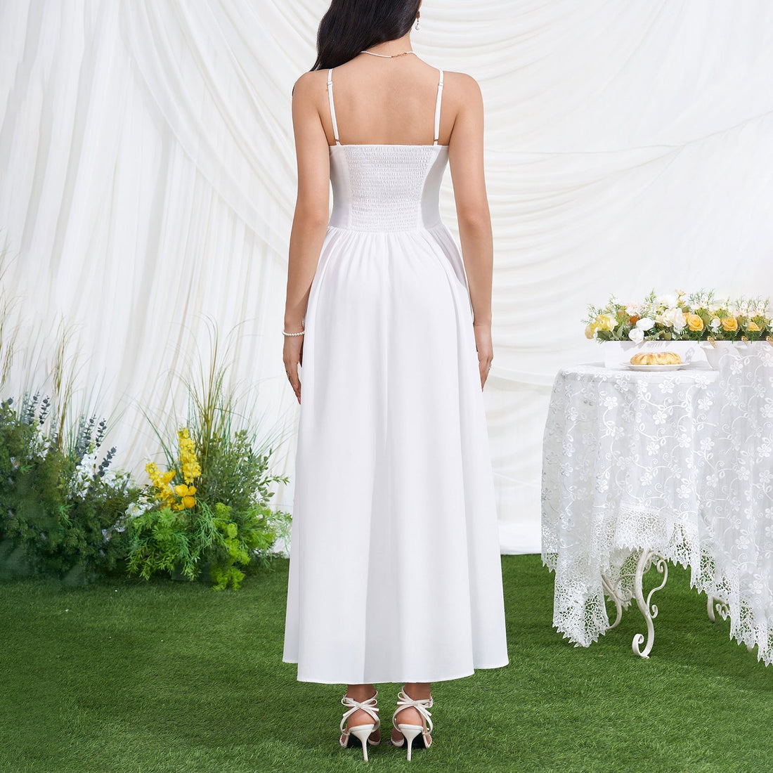 Women Sexy V neck Backless Waist Trimming Slimming Smocking Dress  DestGlow