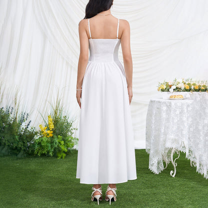 Women Sexy V neck Backless Waist Trimming Slimming Smocking Dress  DestGlow