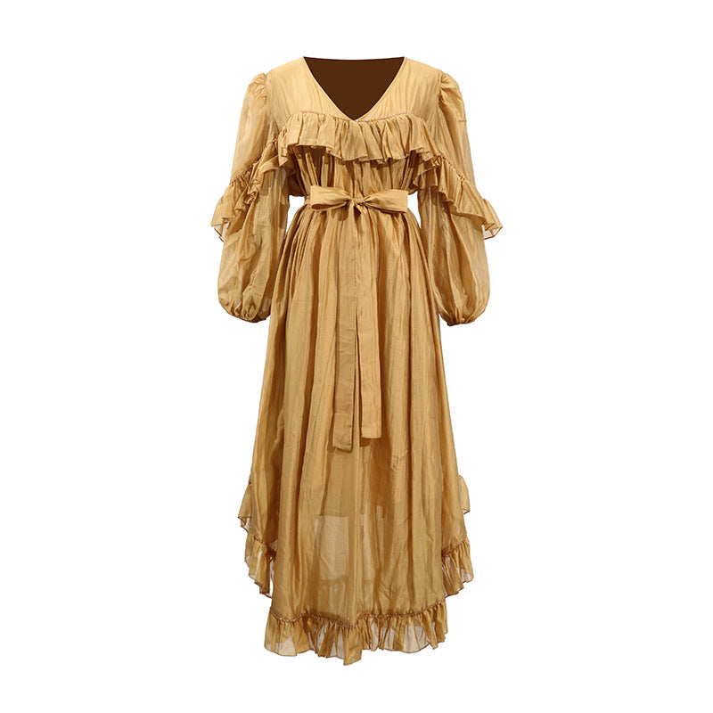 Wooden Ear Design High Waist Tight Waist Solid Color Irregular Asymmetric Maxi Dress Summer Dress by Ragazza