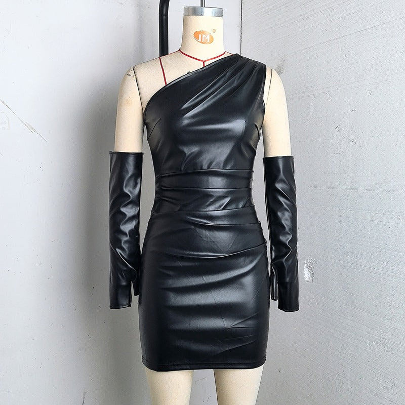 Faux Leather Dress Street Hipster Women Clothing Diagonal Collar Sleeveless Oversleeve Tight Waist Sheath Dress by Ragazza