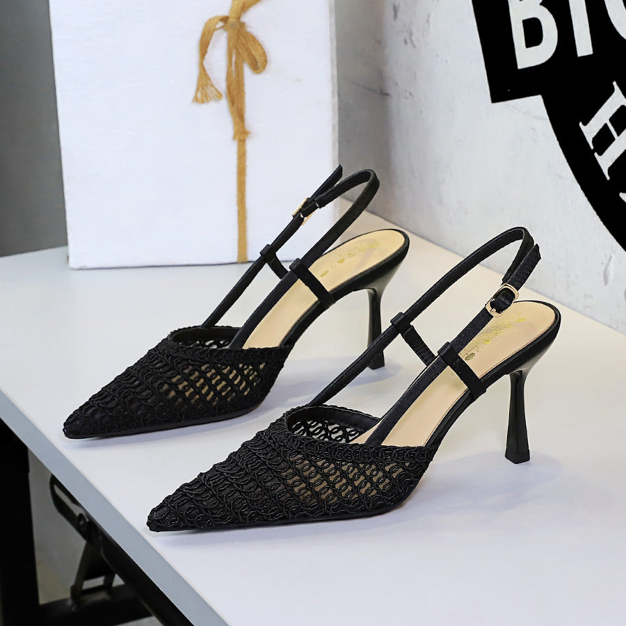 Ankle Strap Buckle Elegant Ladies Shoes Pointed Toe Shallow Mouth High Grade Woven Wire Mesh Sandals