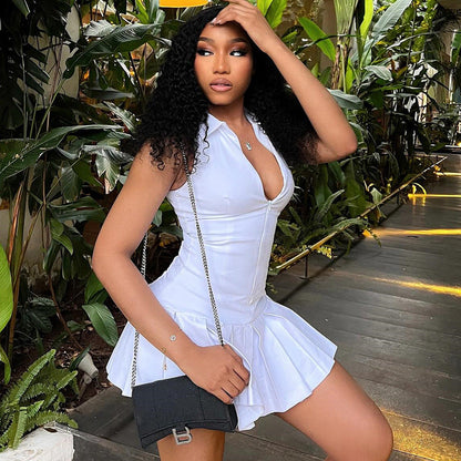 Women Clothing Solid Color Dress Sexy Sleeveless Collared Zipper Casual Pleated Dress by Ragazza