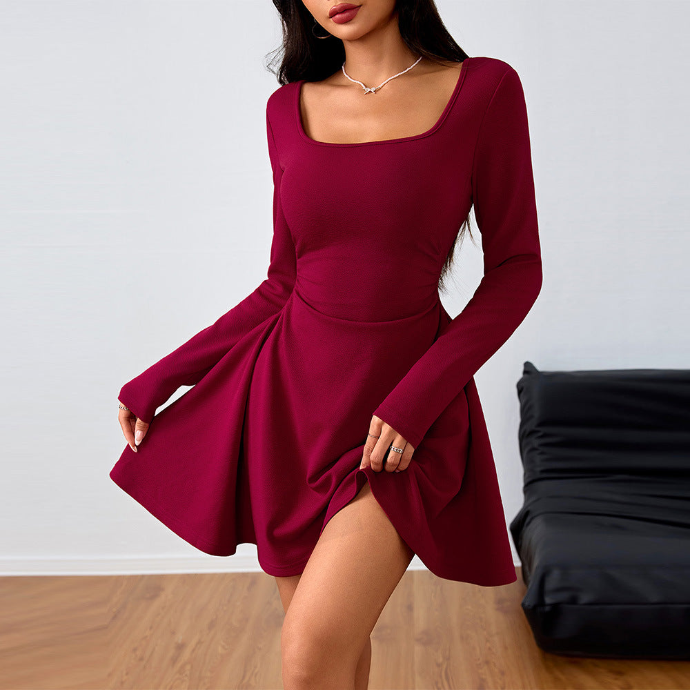 Spring Summer Women Clothing Square Collar Elegant Dress High Waist Design Dress  DestGlow