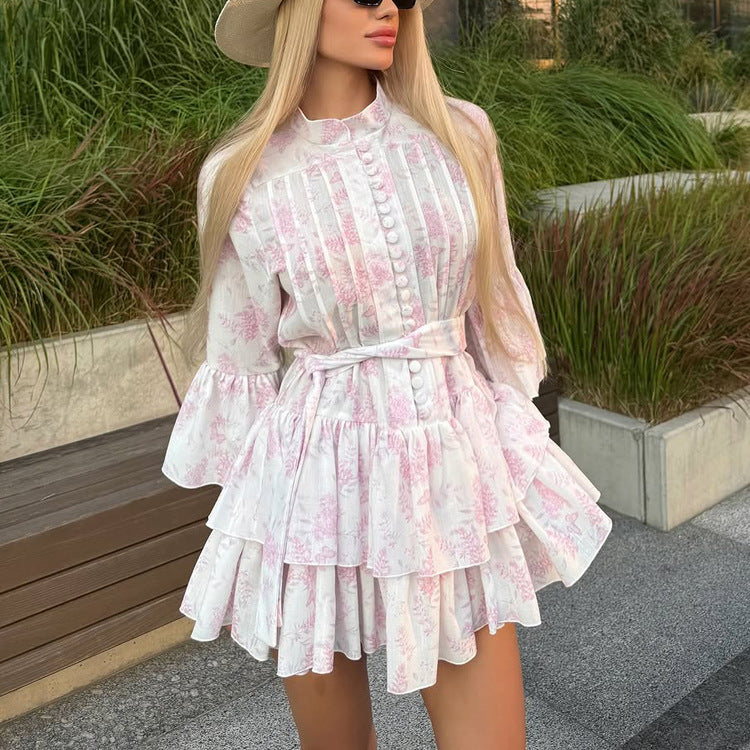 French Short Print Elegant Dress for Women Stand up Collar Flared Sleeves Single Breasted Lace up A line Dress by Ragazza
