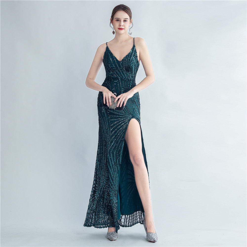 High Density Sequ Binding Waist Shaping Side Slit High End Evening Dress by Ragazza