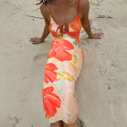 Sexy Suspenders Hollow Out Cutout Print Backless Dress Women Vacation Sexy Dress by Ragazza