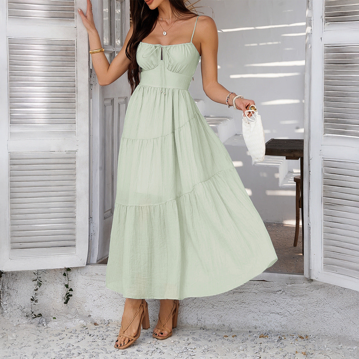 Spring Summer Vacation Solid Color High Waist Sling Dinner Dress Women Clothing by Ragazza