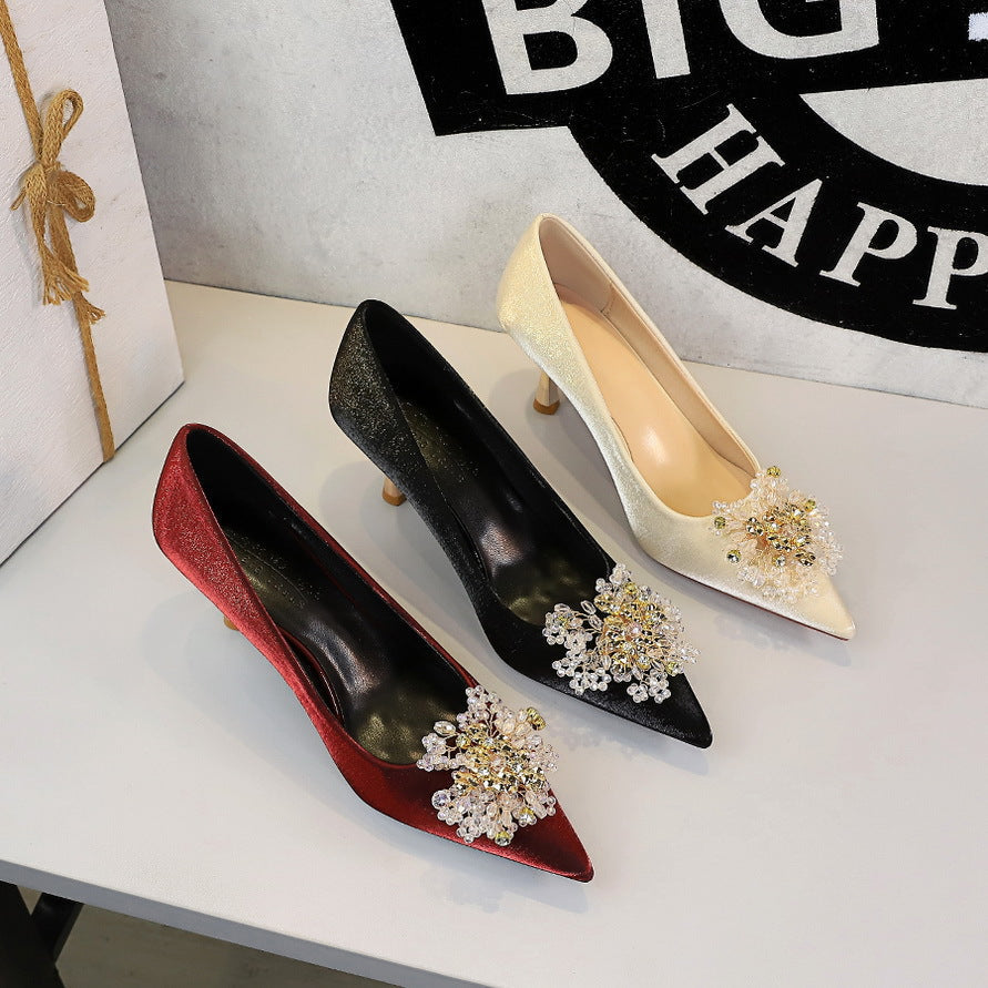 French Metal High Heel Women Shoes Rhinestone Floral Decoration Pointed Toe Satin Stiletto Heel Pumps Women  DestGlow