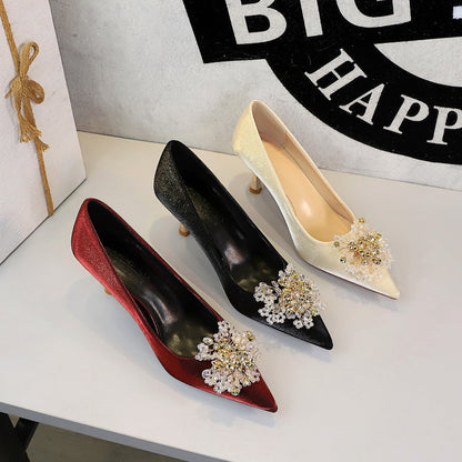 French Metal High Heel Women Shoes Rhinestone Floral Decoration Pointed Toe Satin Stiletto Heel Pumps Women  DestGlow