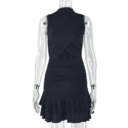 Solid Color Women Pleated Waist Tight A line Dress round Neck Cut out Ruffled Short Dress by Ragazza