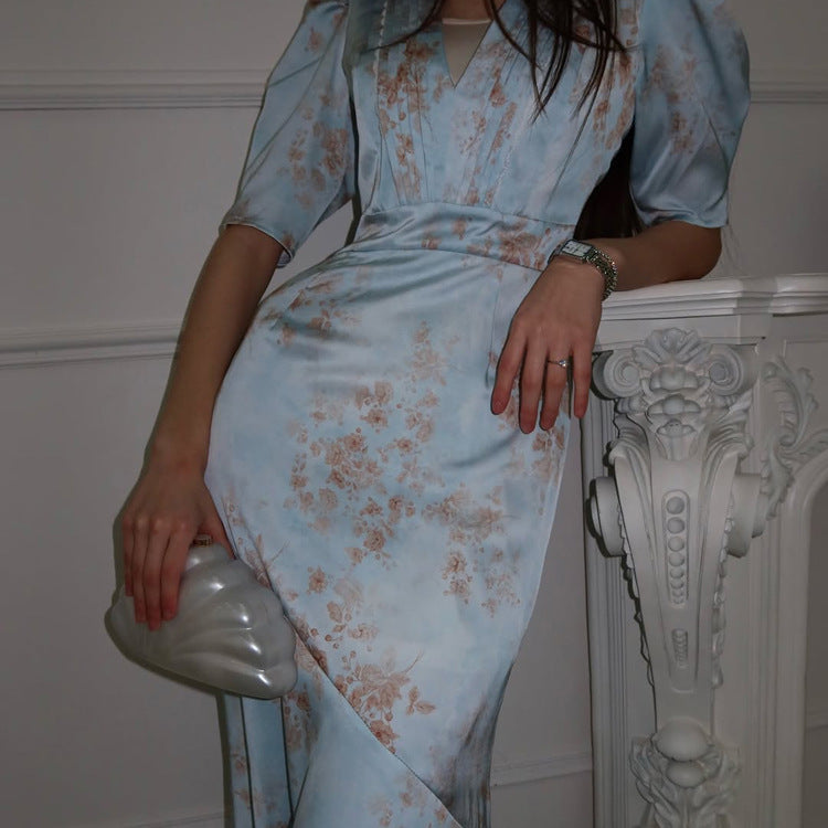 Digital Printing High Grade French Dress Women Arrival V neck Pleated Puff Sleeve High Waist Sheath Dress  DestGlow