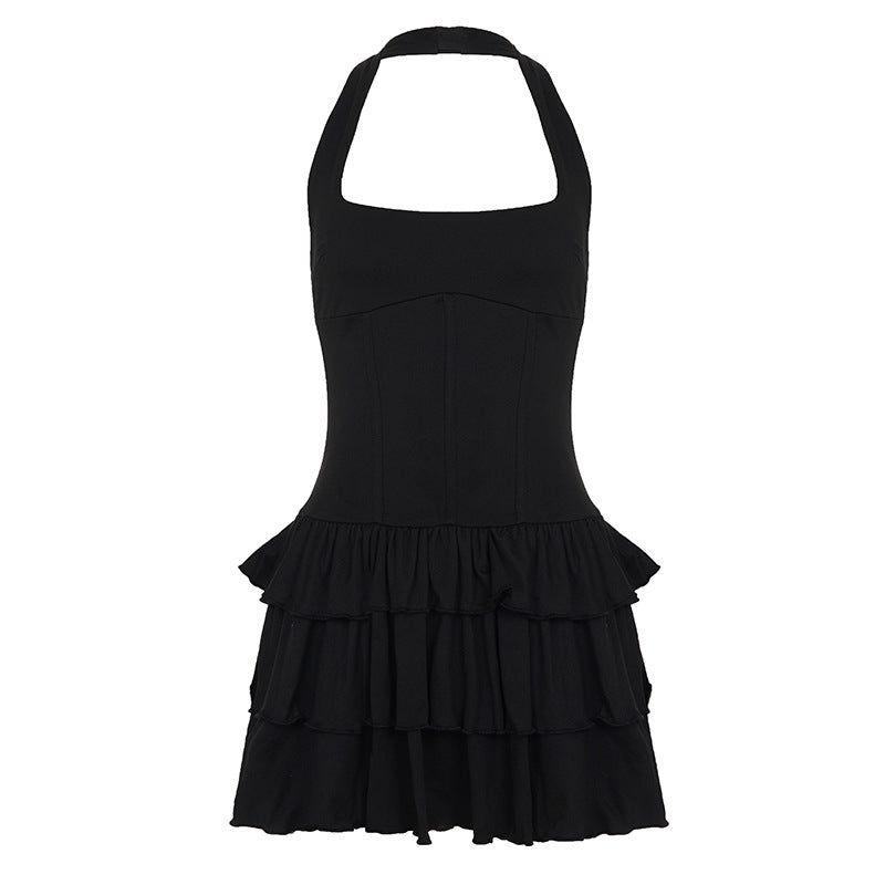 Built Basic Solid Color U Collar Halter Pleated Tiered Skirt Sexy Backless Dress Short Dress by Ragazza