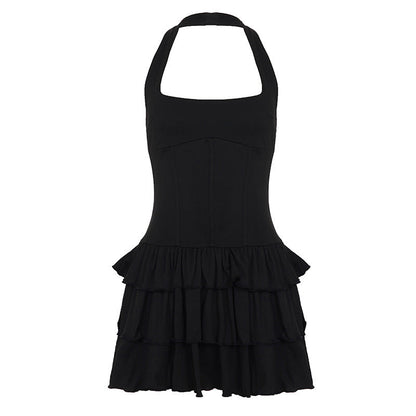 Built Basic Solid Color U Collar Halter Pleated Tiered Skirt Sexy Backless Dress Short Dress by Ragazza