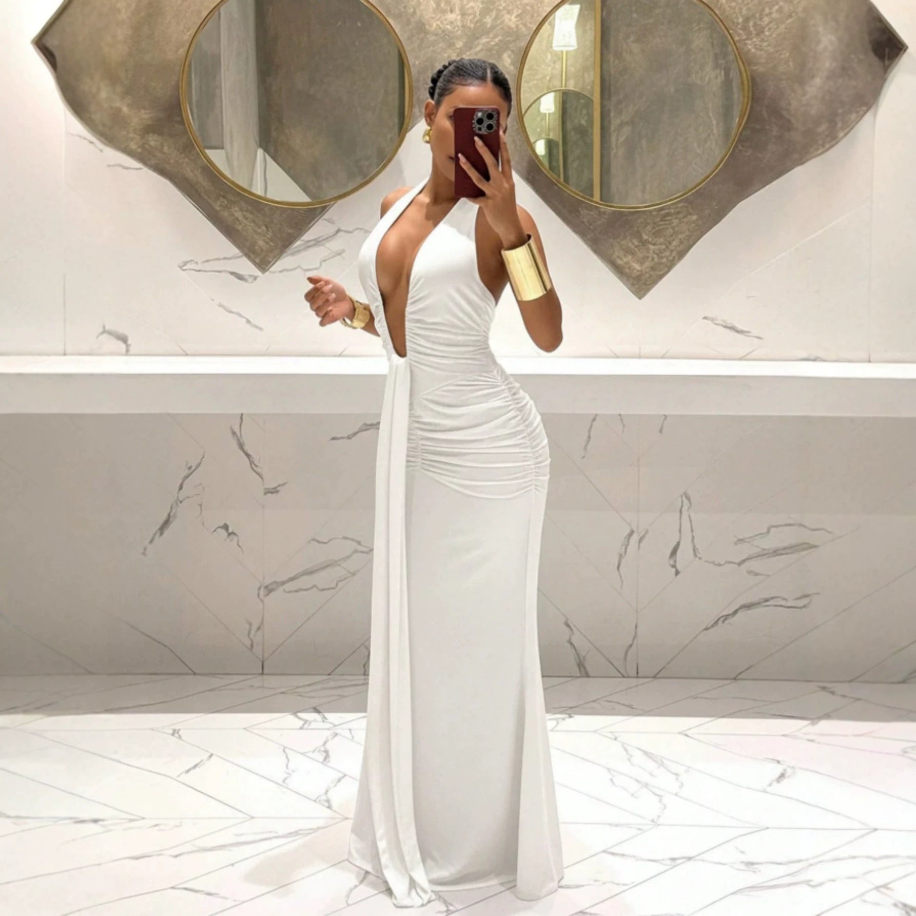 Women Halter Deep V Plunge Pleated Slim Fit Mopping Dress Slimming Sheath Fishtail Dress  DestGlow