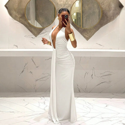 Women Halter Deep V Plunge Pleated Slim Fit Mopping Dress Slimming Sheath Fishtail Dress  DestGlow