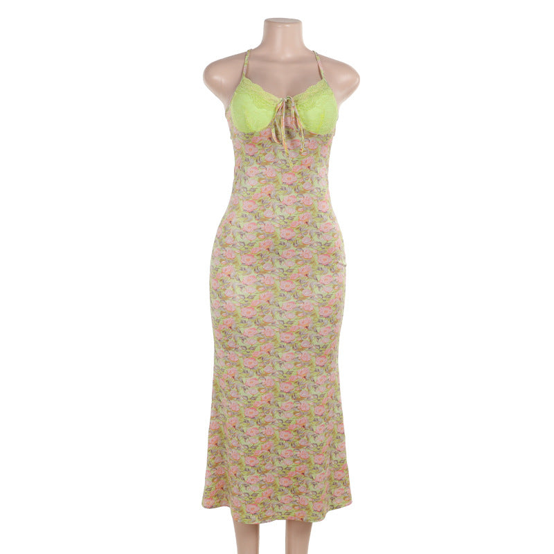 Summer Lace Stitching Printing Back Strap Dress Women  DestGlow