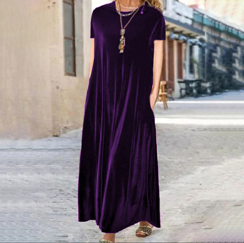 Spring Gold Velvet Slimming Crew Neck Maxi Dress by Ragazza