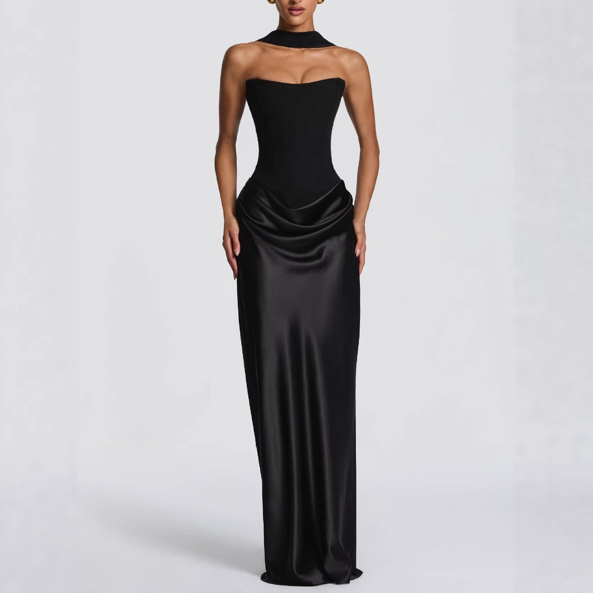 Solid Color Waist Tight Sexy Tube Top Package Hip Maxi Dress Satin Lace up Ribbon Dress  DestGlow