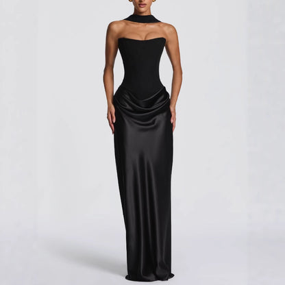 Solid Color Waist Tight Sexy Tube Top Package Hip Maxi Dress Satin Lace up Ribbon Dress  DestGlow