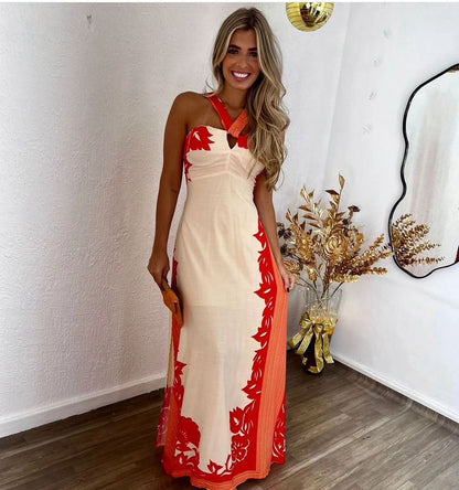 Women Clothing Summer Halter Sexy Color Block Vacation Beach Long Printed Dress  DestGlow