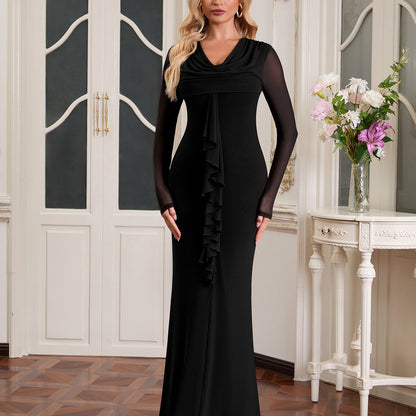 Spring Autumn Mesh Long Sleeved Dress Sexy Swing Collar Wooden Ear Decoration Slim Fit Sheath Dress by Ragazza