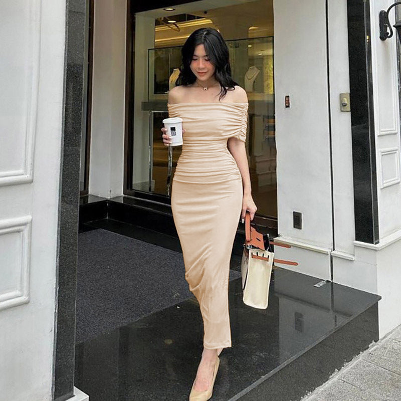 Spring Off Shoulder Pleated Dress Slim Fit Slimming Slit Bottoming Formal Dress by Ragazza