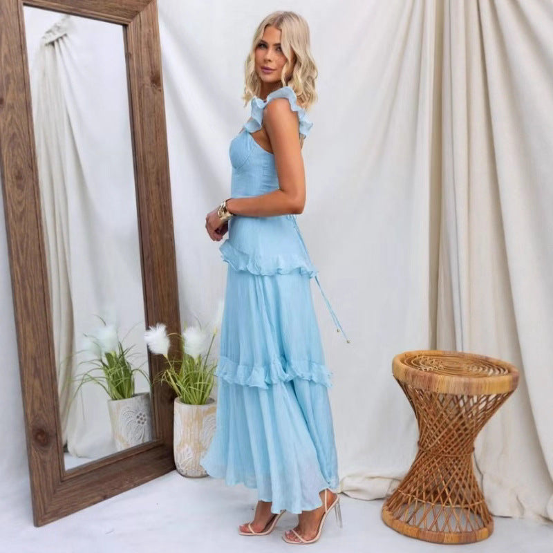 Summer Women Clothing Solid Color Elegant Graceful Ruffled Dress by Ragazza