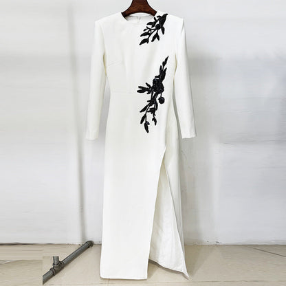 Dress Embroidered Beads Beaded Floral Long Sleeve Split Maxi Dress by Ragazza