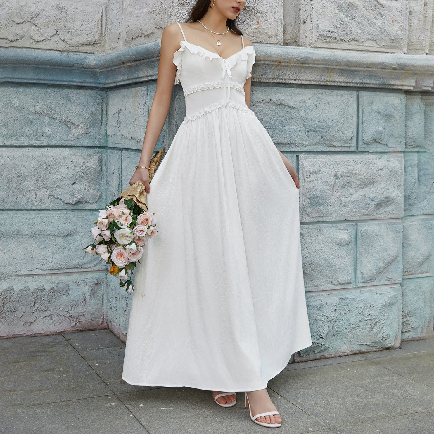 Summer Cool Ice Velvet Crepe Fabric Cami Dress Sexy V neck Flounce Decoration Slim Fit Maxi Dress  DestGlow