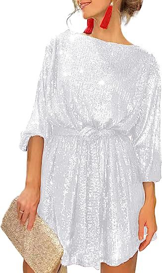 Summer Sequined Round Neck Long Sleeve Casual Loose Beaded Dress by Ragazza