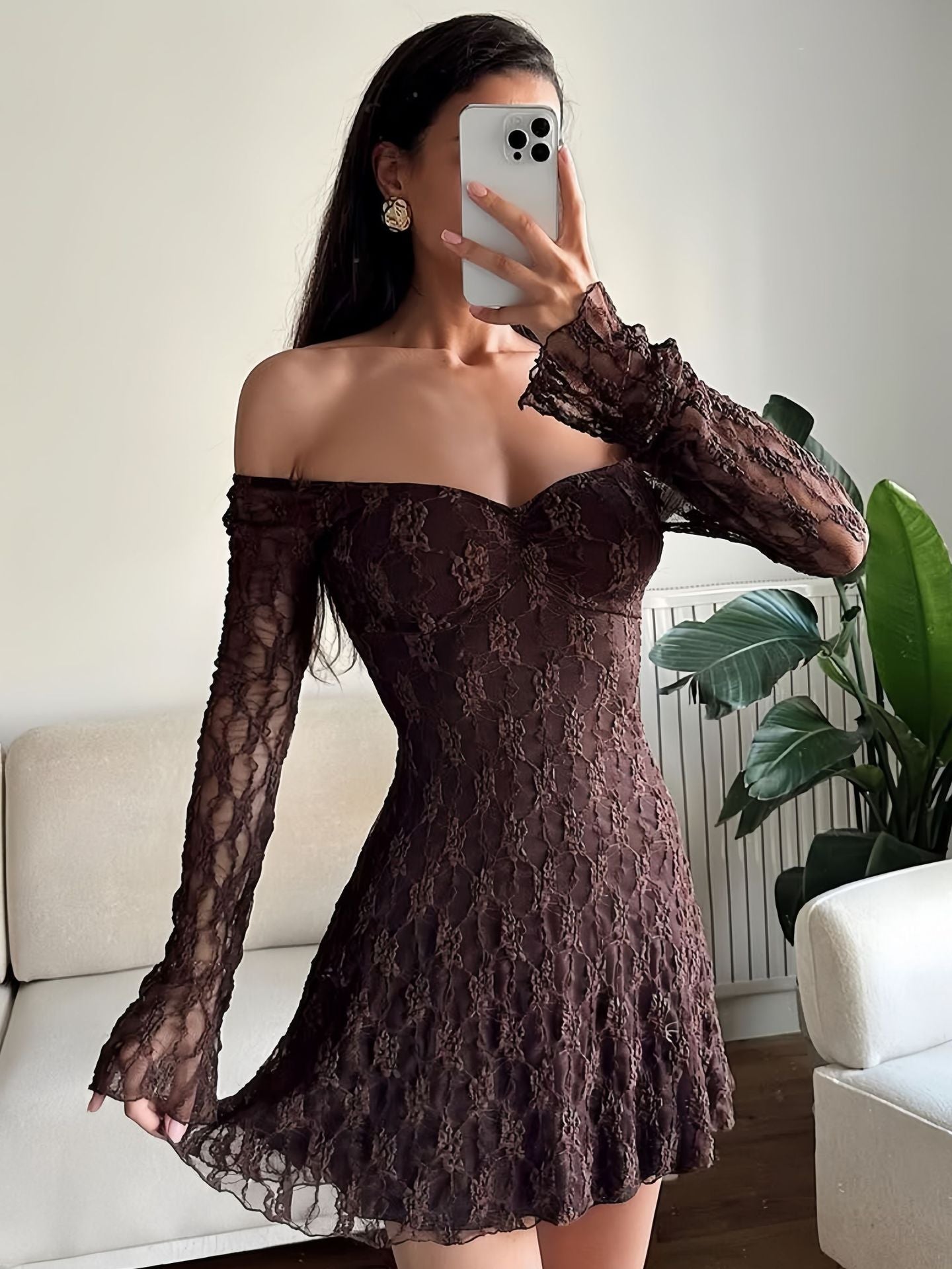 Women Clothing Autumn Winter Women Dress Sexy Square-Neck Lace Long Sleeve Slim Fit Sheath Dress Women by Ragazza