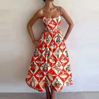 Spring Women Clothing Printing Pleated Waist Tight Large Swing Sling Dress by Ragazza
