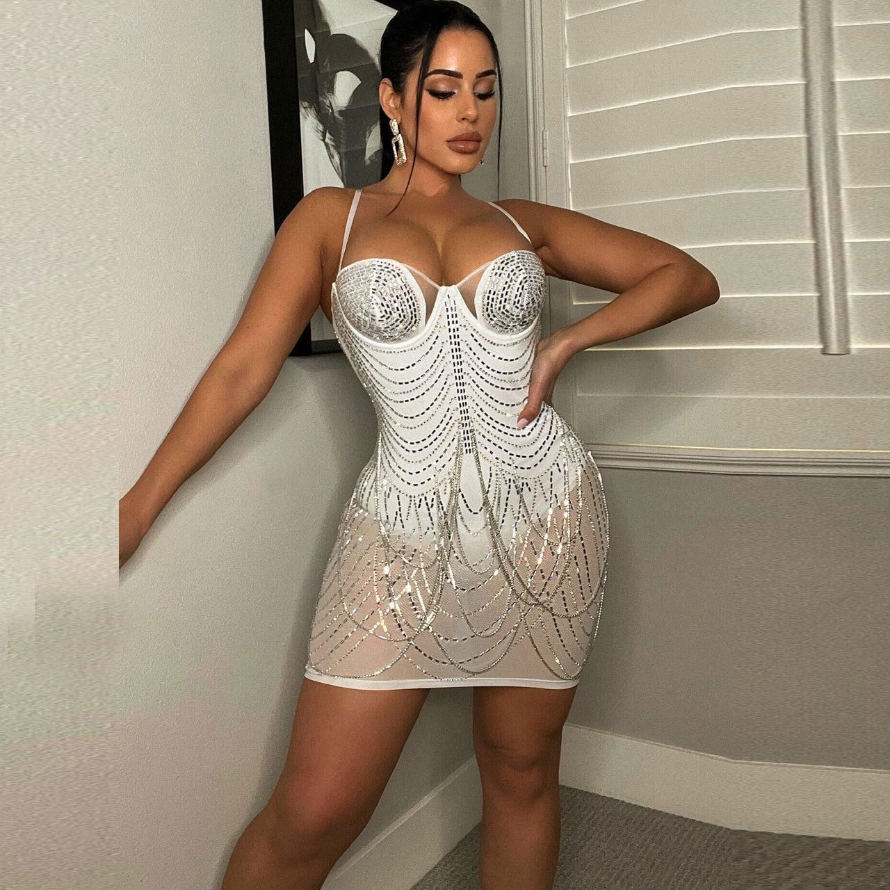 Sexy Slim Fit Rhinestone Tassel Dress by Ragazza