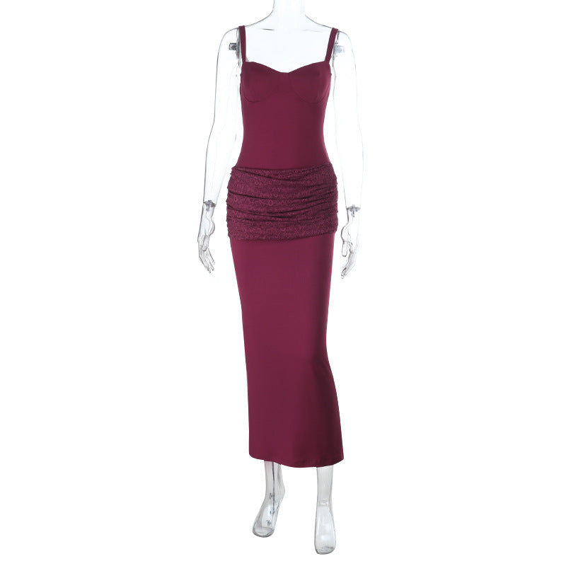 Autumn Winter Solid Color Lace Deep V Plunge Sexy Backless Stitching Strap Dress by Ragazza
