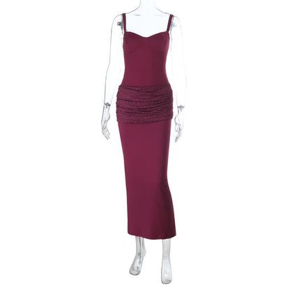 Autumn Winter Solid Color Lace Deep V Plunge Sexy Backless Stitching Strap Dress by Ragazza