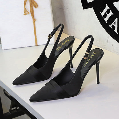 French Satin Women Stiletto Heel High Heel Shoes Pointed Toe Shallow Mouth Back Empty Ankle Strap Buckle Cocktail Shoes Women  DestGlow