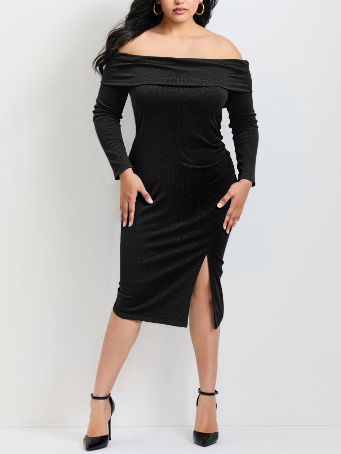Plus Size Women Clothes Autumn French Sexy Strapless Long Sleeve Slim Fit Slimming Knitted Sheath Split Dress by Ragazza
